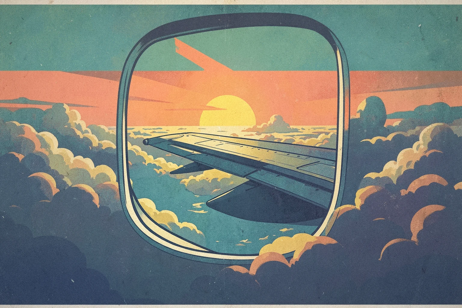 Great Circle’s Jet Age artwork: an aircraft wing above the clouds at sunset