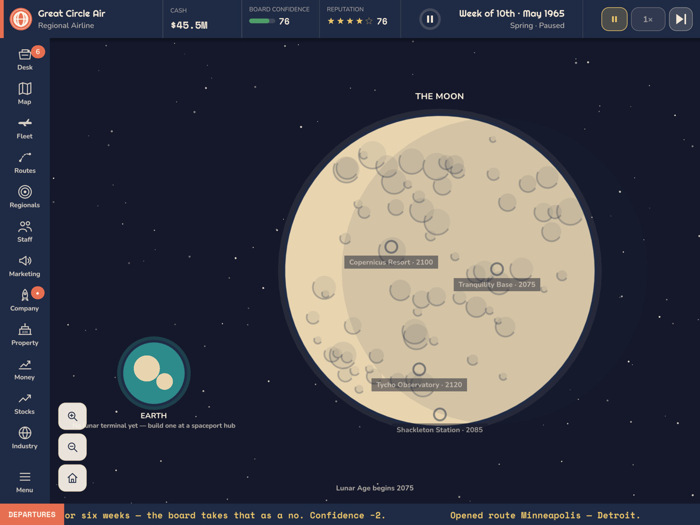 The Moon map shows future lunar destinations including Tranquility Base and Shackleton Station