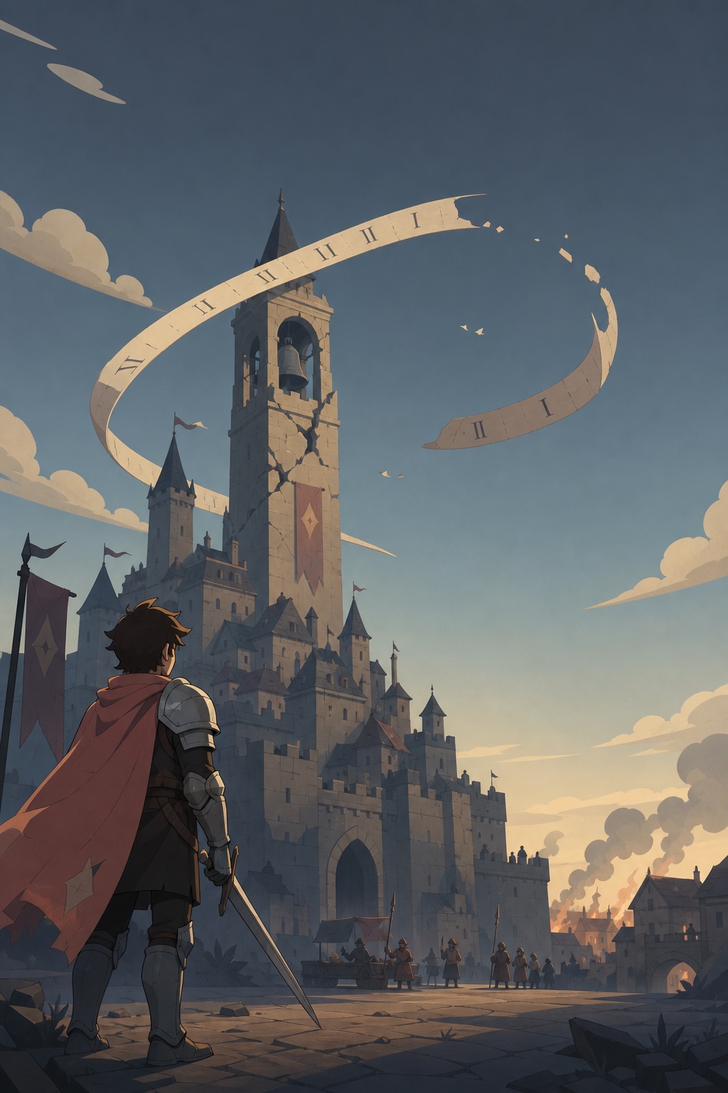 Rowan stands before Castle Veyrun beneath a broken ribbon of time