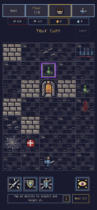 A turn-based battle on a compact Grimstep dungeon floor