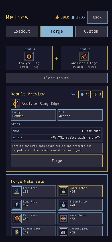 The Relic Forge previews the stats and material cost of combining two relics