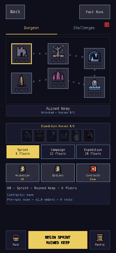 Route selection showing six regions and Sprint, Campaign, and Expedition run lengths