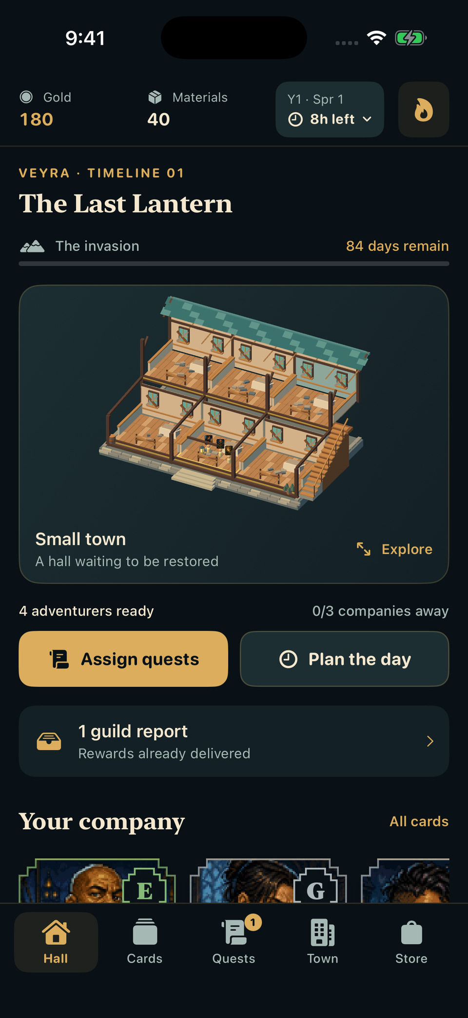 Guildmaster’s Ledger Hall screen showing the 3D guild, four available adventurers, and 84 days until the invasion