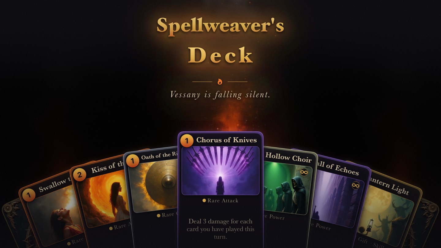 Fanned gameplay cards beneath the Spellweaver’s Deck title