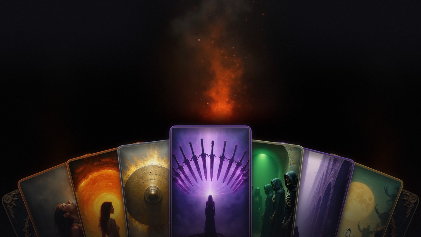 A fan of illustrated cards showing fire, a shield, spectral swords and hooded skeletons beneath a rising ember