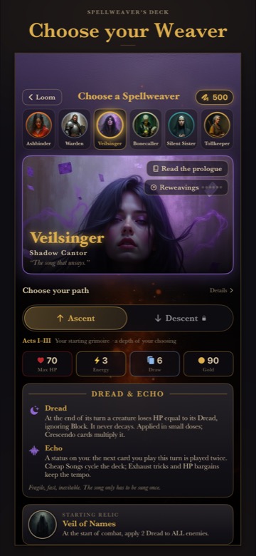 The Choose your Weaver screen with Veilsinger selected and her Dread and Echo abilities explained below