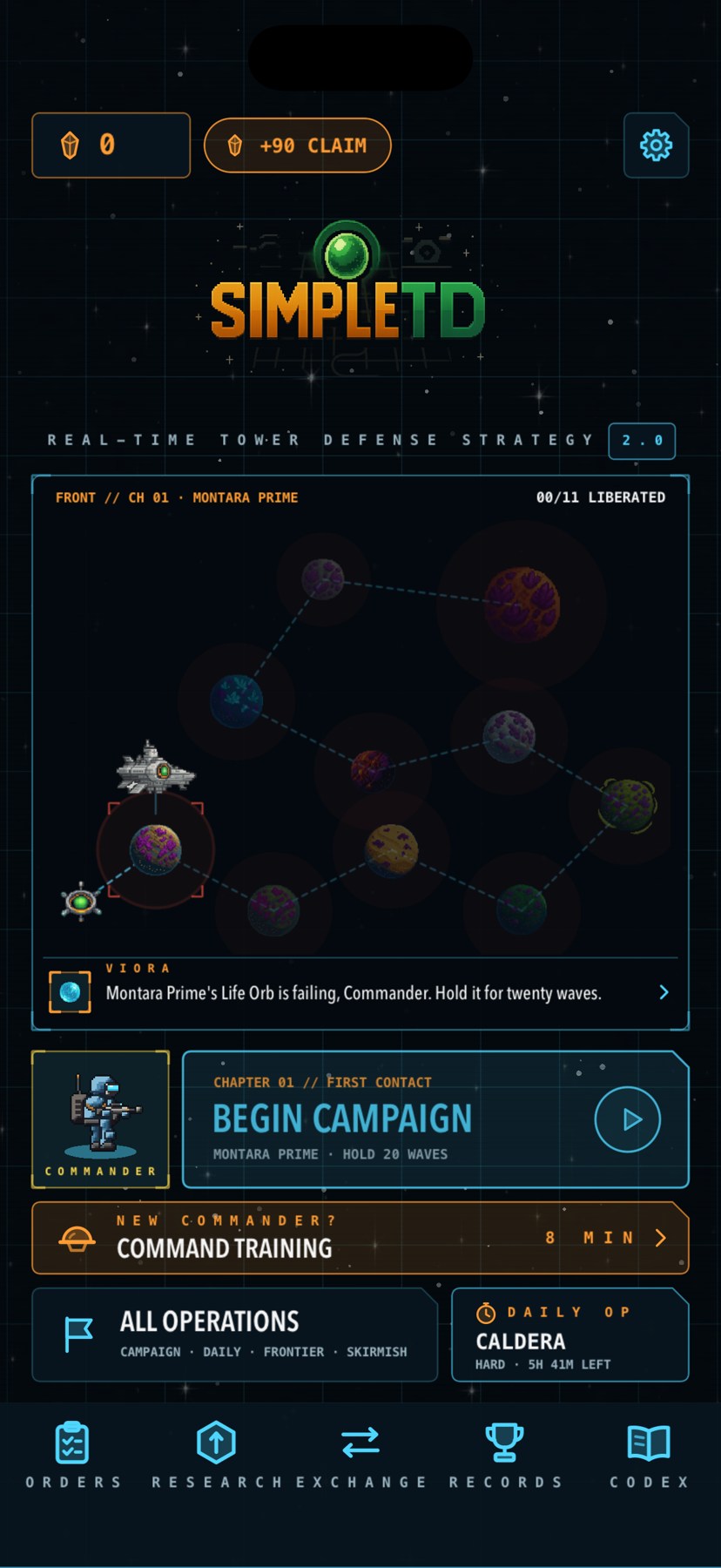 SimpleTD 2.0’s orbital command bridge and campaign planet