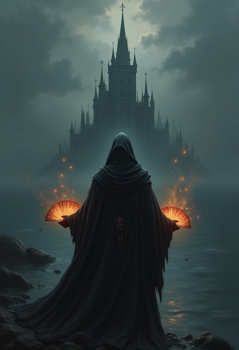 A hooded Spellweaver holding glowing cards before a mist-shrouded citadel