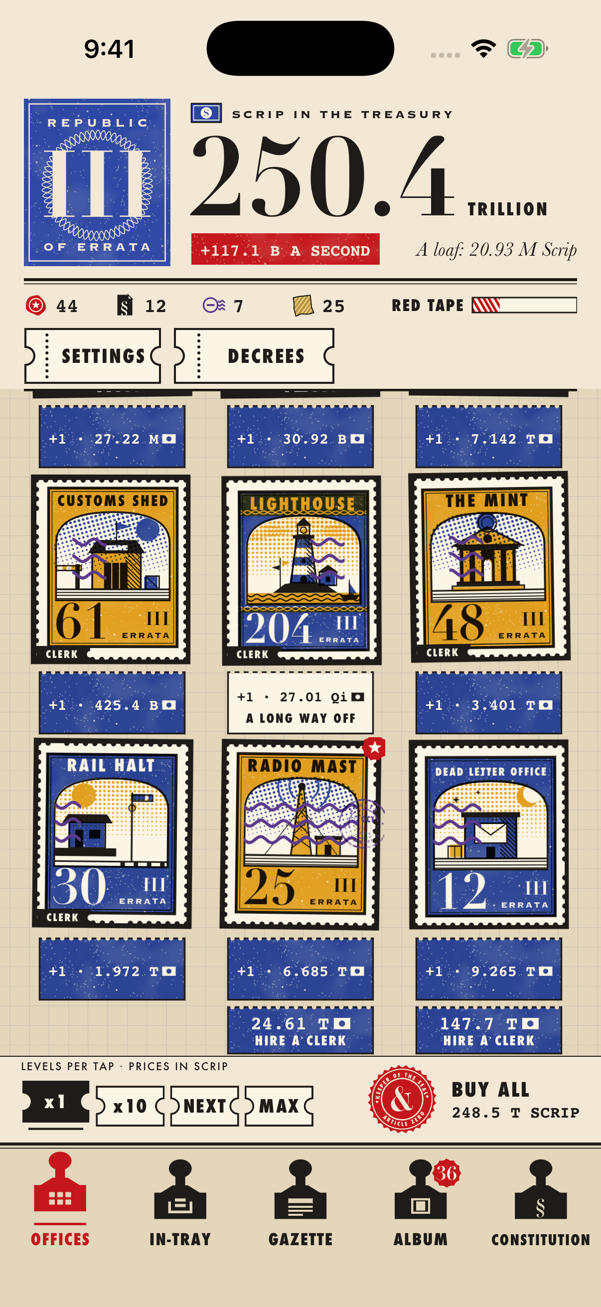 The Third Republic’s Offices appear as illustrated postage stamps with upgrades and Clerks — Stamp & Country development screenshot