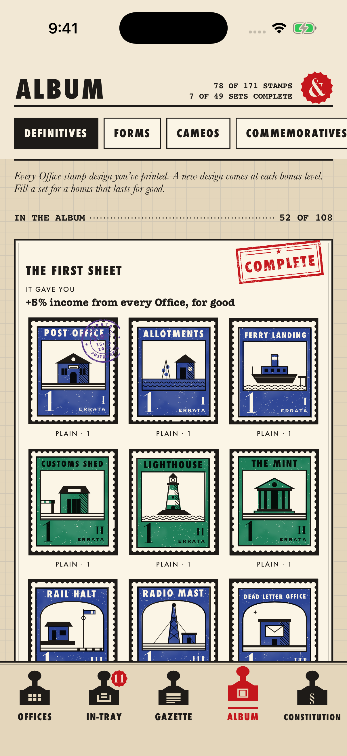 An album of illustrated Office stamps